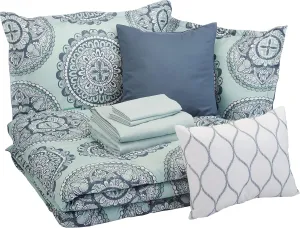 Amazon Basics 10-Piece Bed-in-a-Bag - Soft, Easy-Wash Microfiber - Full/Queen, Sea Foam Medallion, Floral