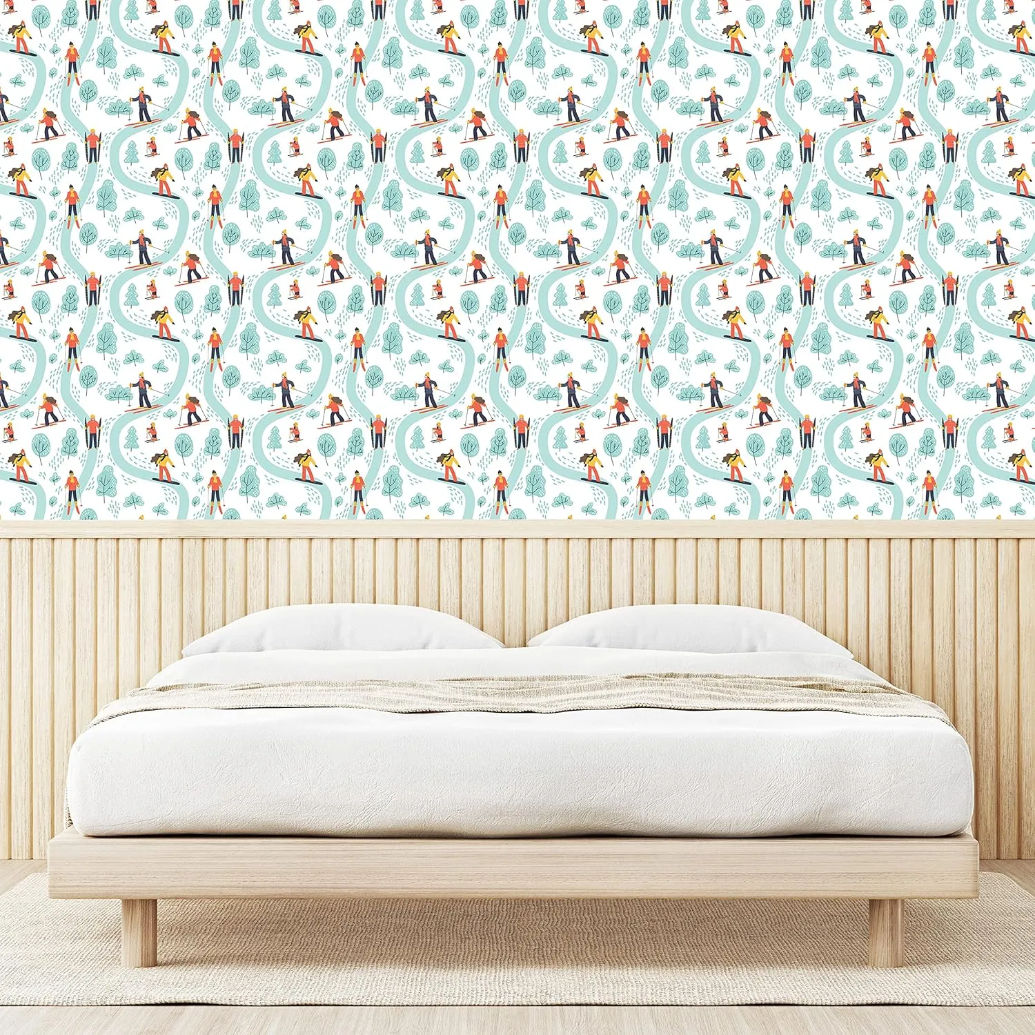 Ambesonne Ski Pattern Peel & Stick Wallpaper for Home, Continuous Pastel Skiing People on Track Simple Trees Winter Theme, Self-Adhesive Living Room Kitchen Accent, 13" x 100", Pale Teal Multicolor
