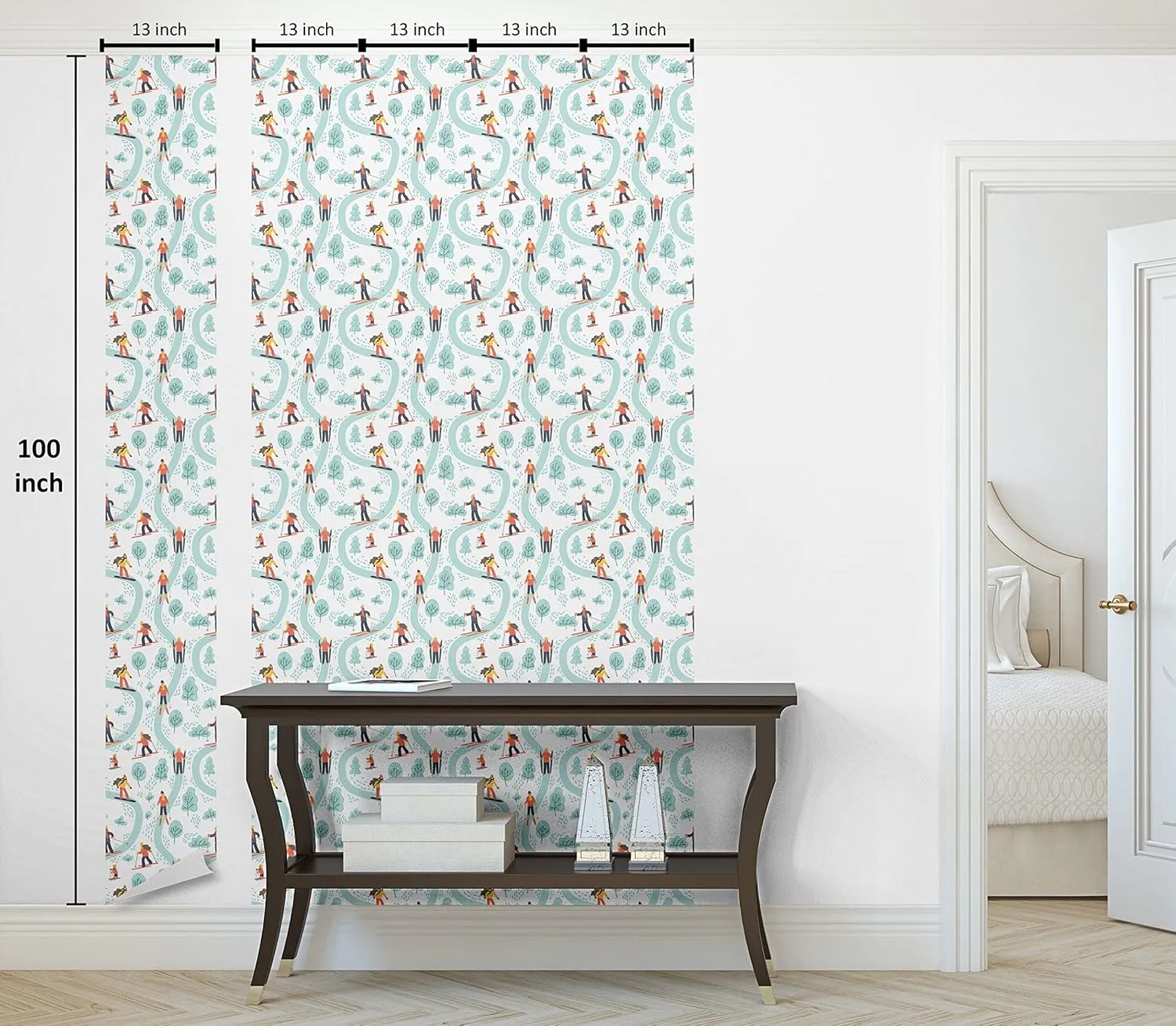 Ambesonne Ski Pattern Peel & Stick Wallpaper for Home, Continuous Pastel Skiing People on Track Simple Trees Winter Theme, Self-Adhesive Living Room Kitchen Accent, 13" x 100", Pale Teal Multicolor