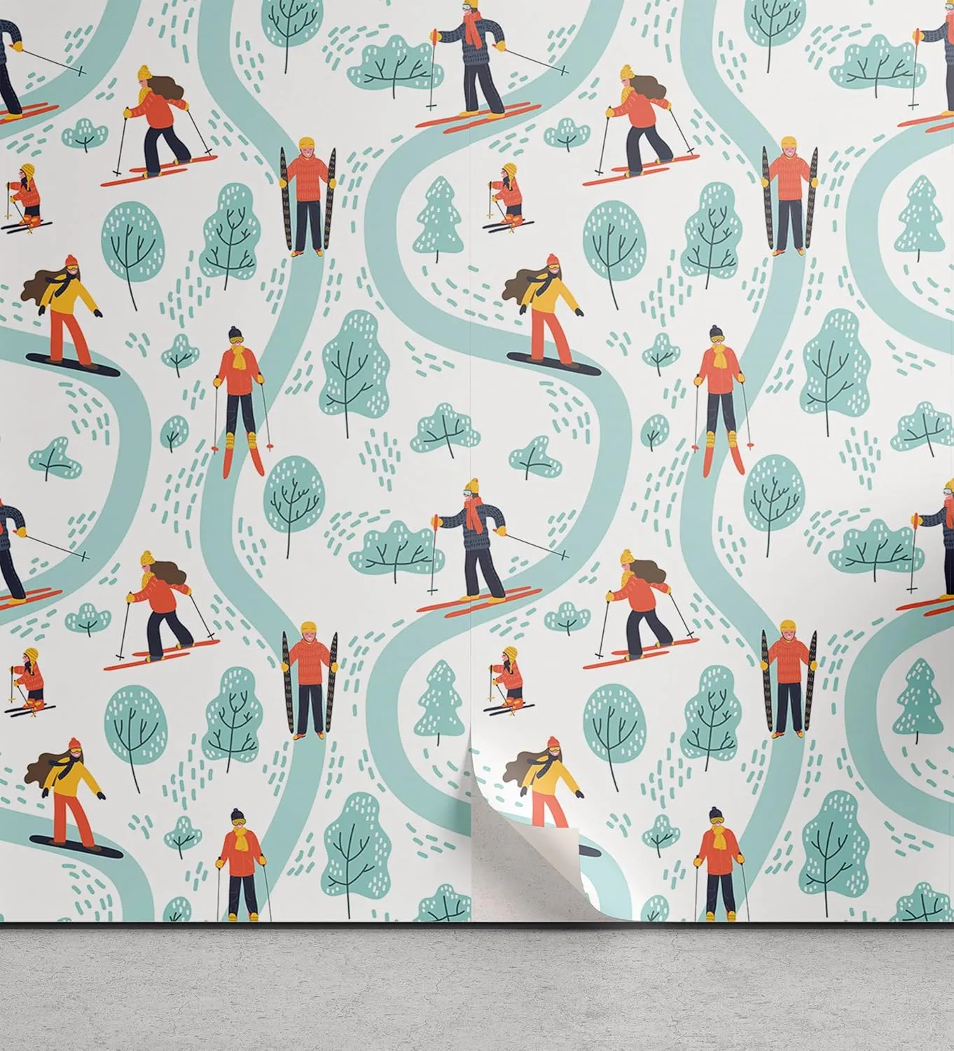 Ambesonne Ski Pattern Peel & Stick Wallpaper for Home, Continuous Pastel Skiing People on Track Simple Trees Winter Theme, Self-Adhesive Living Room Kitchen Accent, 13" x 100", Pale Teal Multicolor