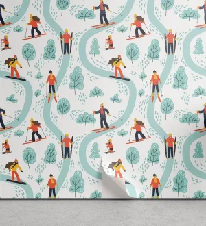 Ambesonne Ski Pattern Peel & Stick Wallpaper for Home, Continuous Pastel Skiing People on Track Simple Trees Winter Theme, Self-Adhesive Living Room Kitchen Accent, 13" x 100", Pale Teal Multicolor