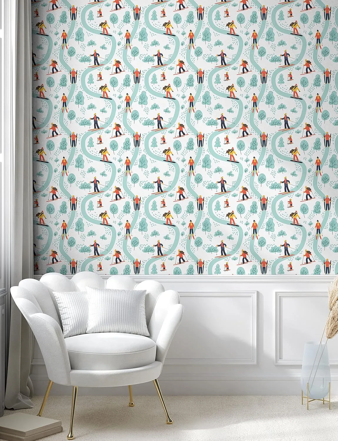 Ambesonne Ski Pattern Peel & Stick Wallpaper for Home, Continuous Pastel Skiing People on Track Simple Trees Winter Theme, Self-Adhesive Living Room Kitchen Accent, 13" x 100", Pale Teal Multicolor