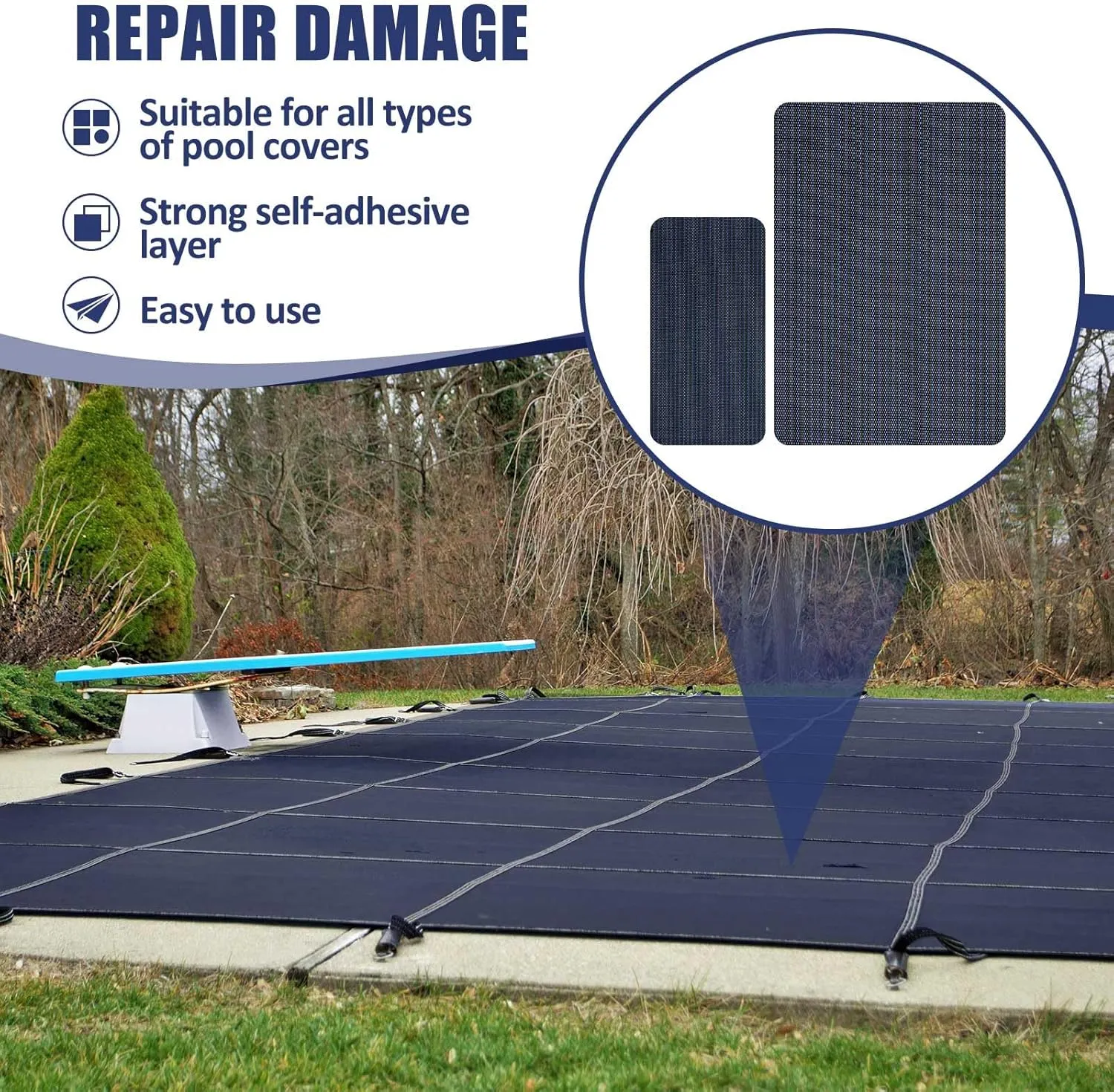Amylove Pool Safety Cover Patch Kit Swimming Pool Patch Repair Kit Self Adhesive Mesh for Inground Safety Cover, 12 x 8 Inch, 4 x 8 Inch(Navy)