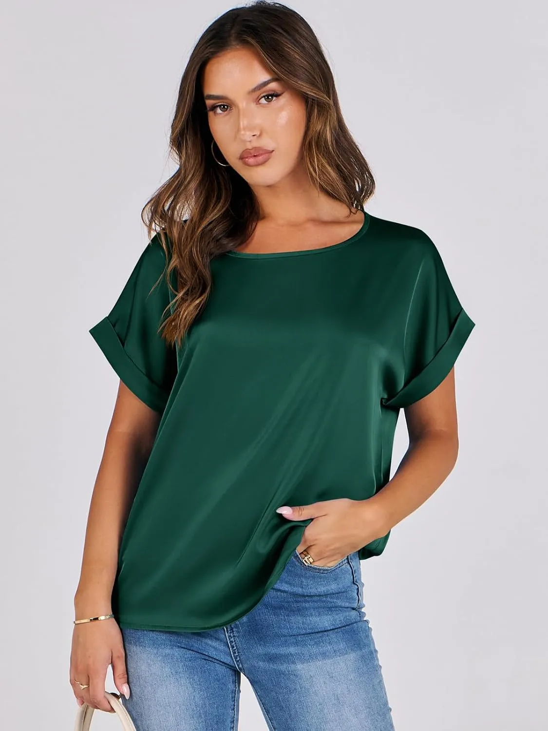 ANRABESS Women's Summer Dressy Casual Short Sleeve Shirts Crewneck Silk Satin Business Office Work Blouse Tops