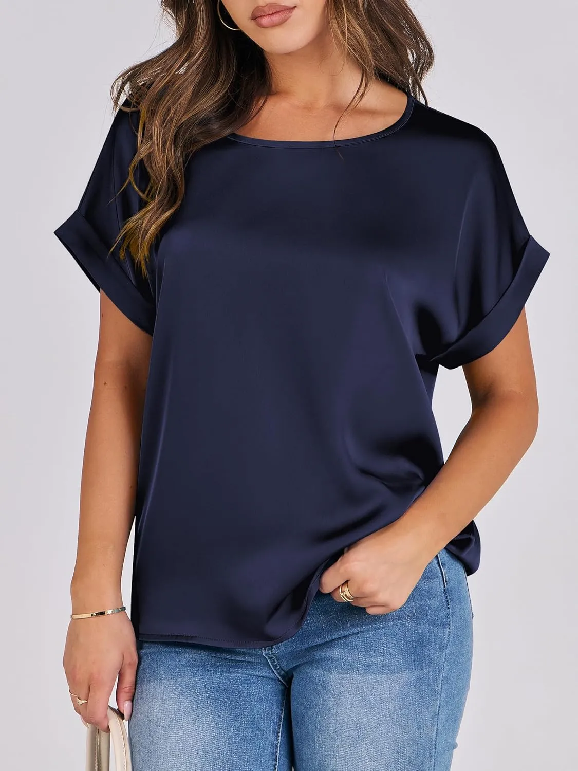 ANRABESS Women's Summer Dressy Casual Short Sleeve Shirts Crewneck Silk Satin Business Office Work Blouse Tops