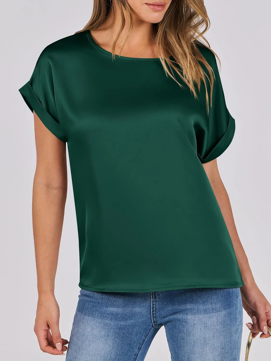 ANRABESS Women's Summer Dressy Casual Short Sleeve Shirts Crewneck Silk Satin Business Office Work Blouse Tops