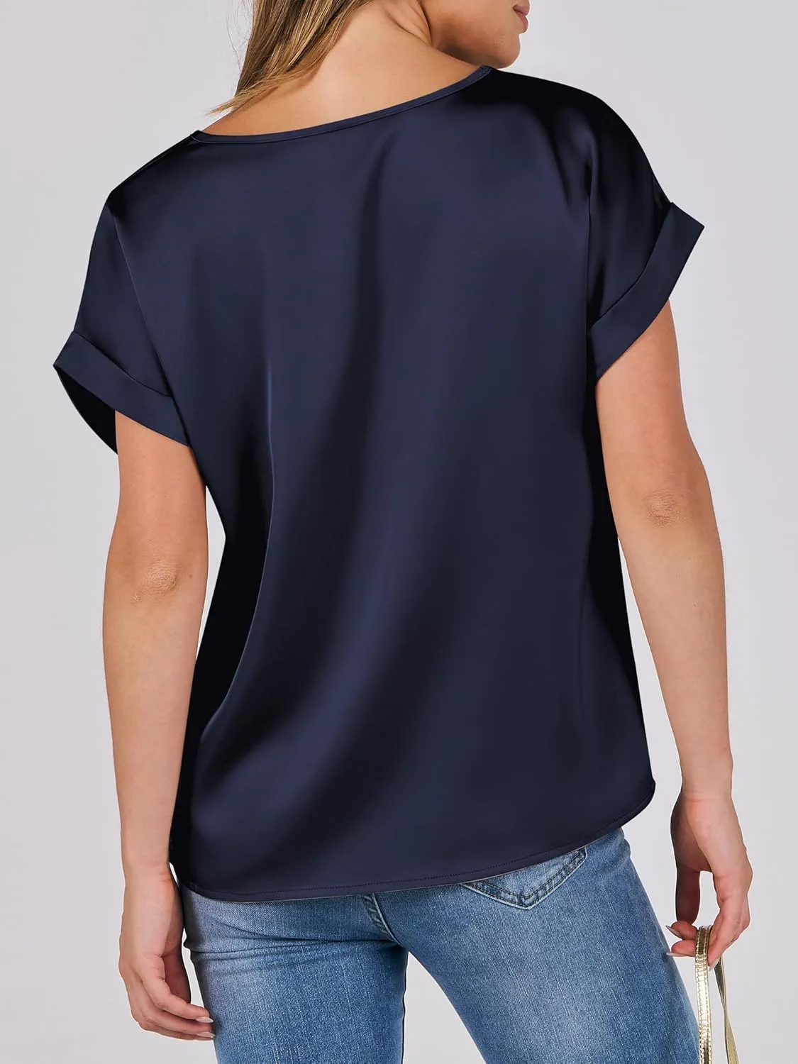 ANRABESS Women's Summer Dressy Casual Short Sleeve Shirts Crewneck Silk Satin Business Office Work Blouse Tops