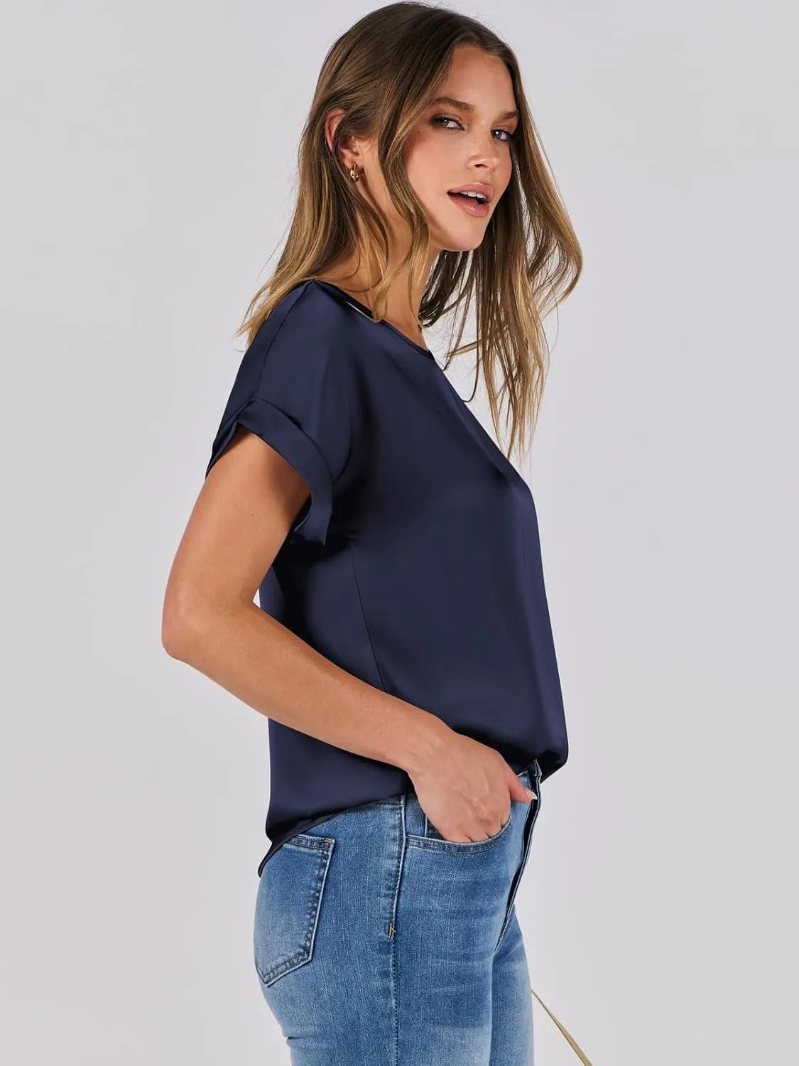 ANRABESS Women's Summer Dressy Casual Short Sleeve Shirts Crewneck Silk Satin Business Office Work Blouse Tops