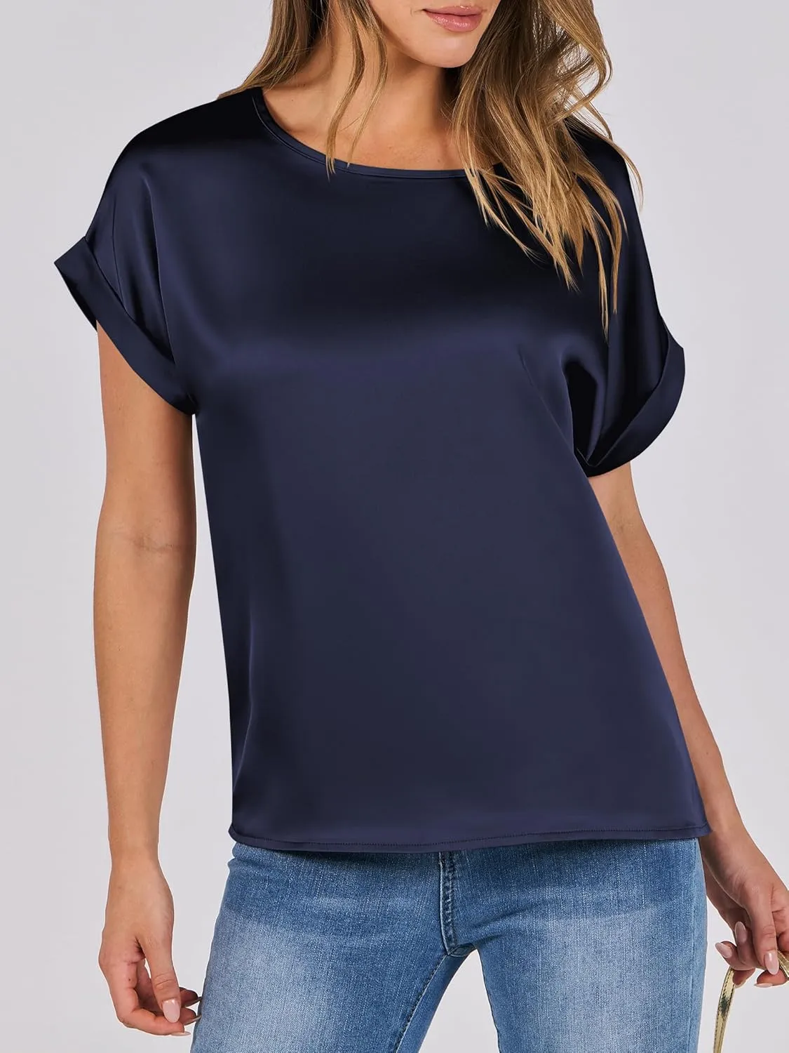 ANRABESS Women's Summer Dressy Casual Short Sleeve Shirts Crewneck Silk Satin Business Office Work Blouse Tops