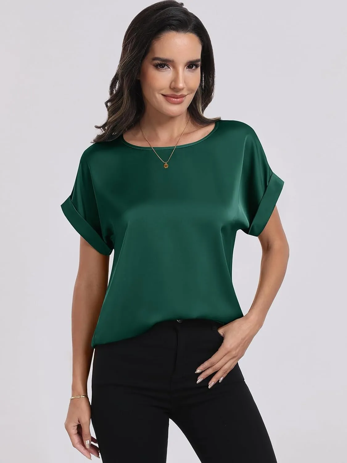 ANRABESS Women's Summer Dressy Casual Short Sleeve Shirts Crewneck Silk Satin Business Office Work Blouse Tops