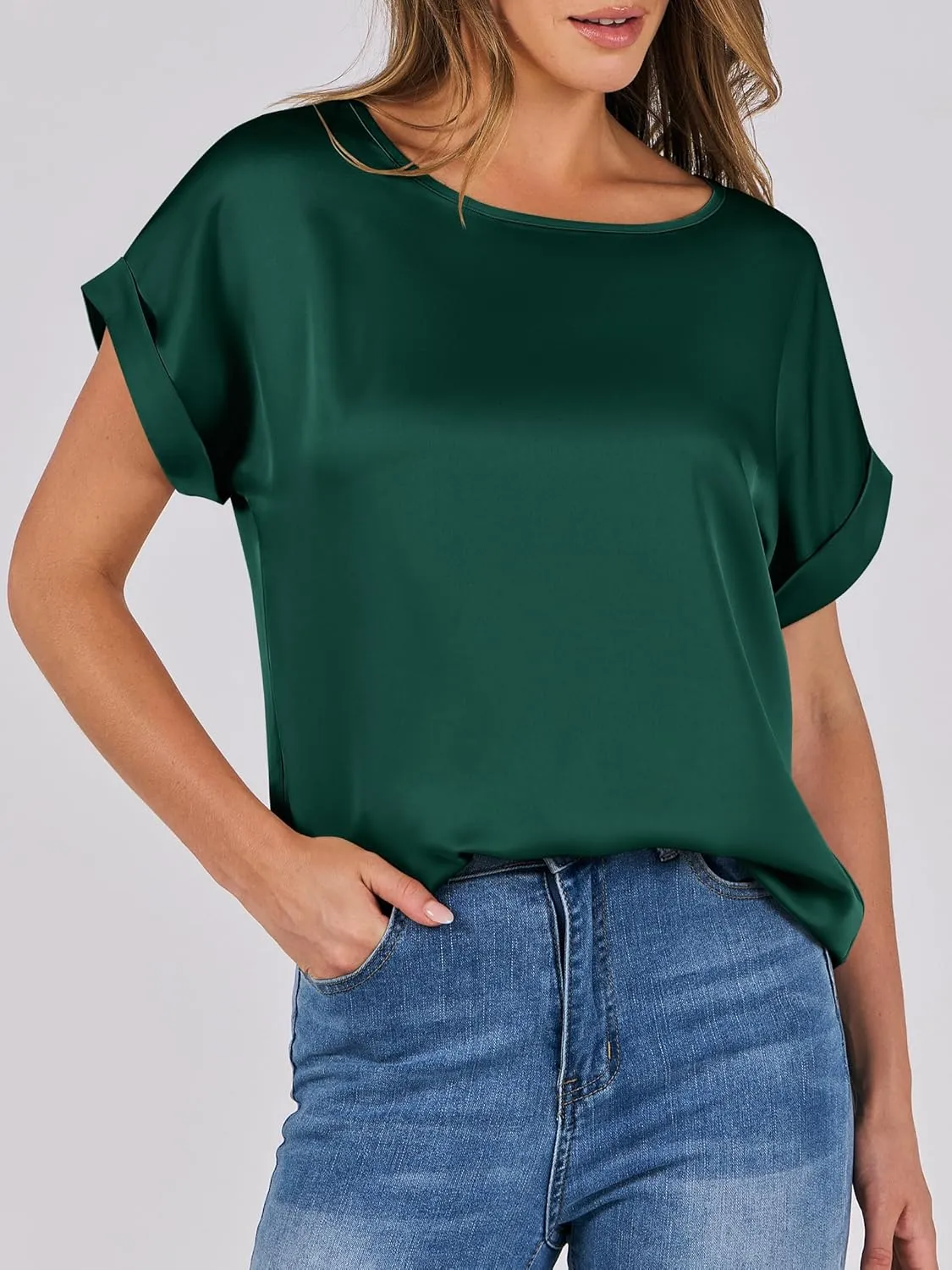 ANRABESS Women's Summer Dressy Casual Short Sleeve Shirts Crewneck Silk Satin Business Office Work Blouse Tops