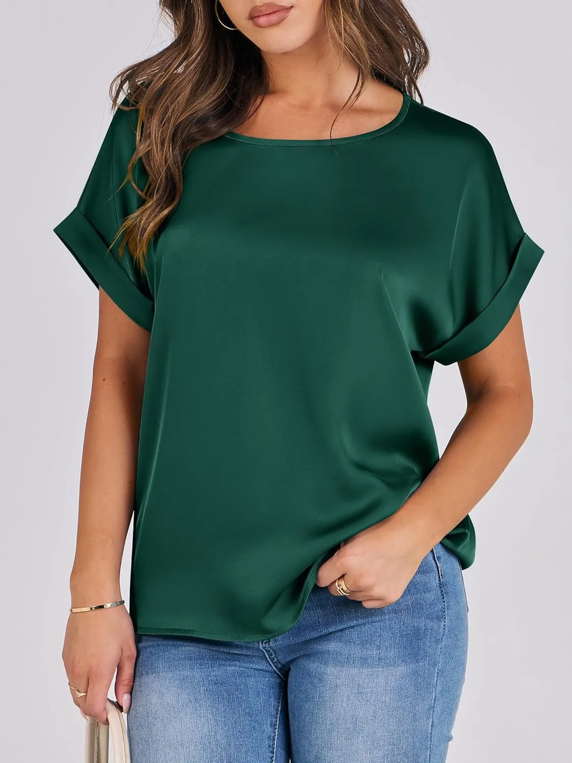 ANRABESS Women's Summer Dressy Casual Short Sleeve Shirts Crewneck Silk Satin Business Office Work Blouse Tops