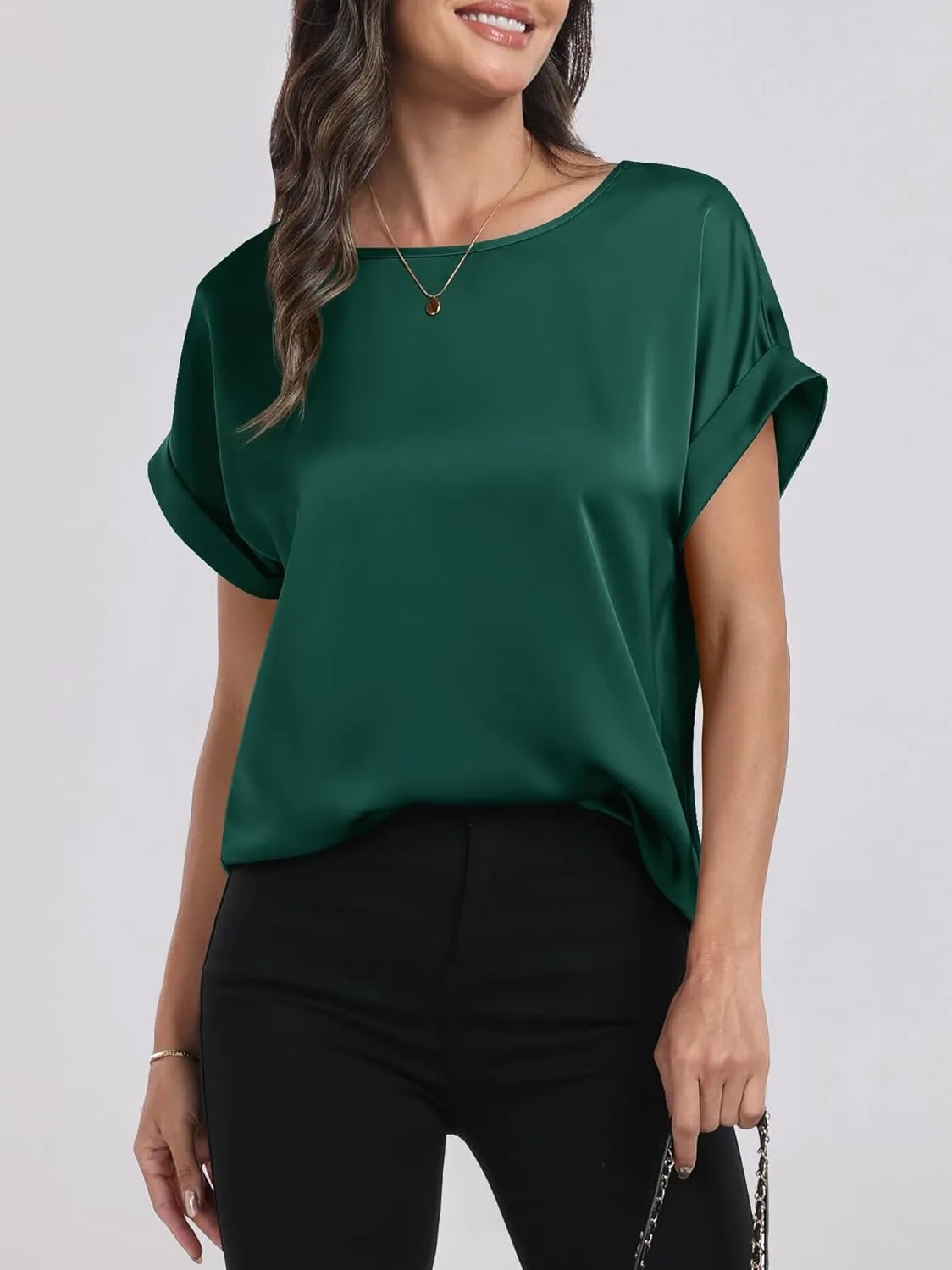 ANRABESS Women's Summer Dressy Casual Short Sleeve Shirts Crewneck Silk Satin Business Office Work Blouse Tops