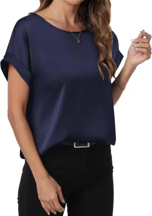 ANRABESS Women's Summer Dressy Casual Short Sleeve Shirts Crewneck Silk Satin Business Office Work Blouse Tops