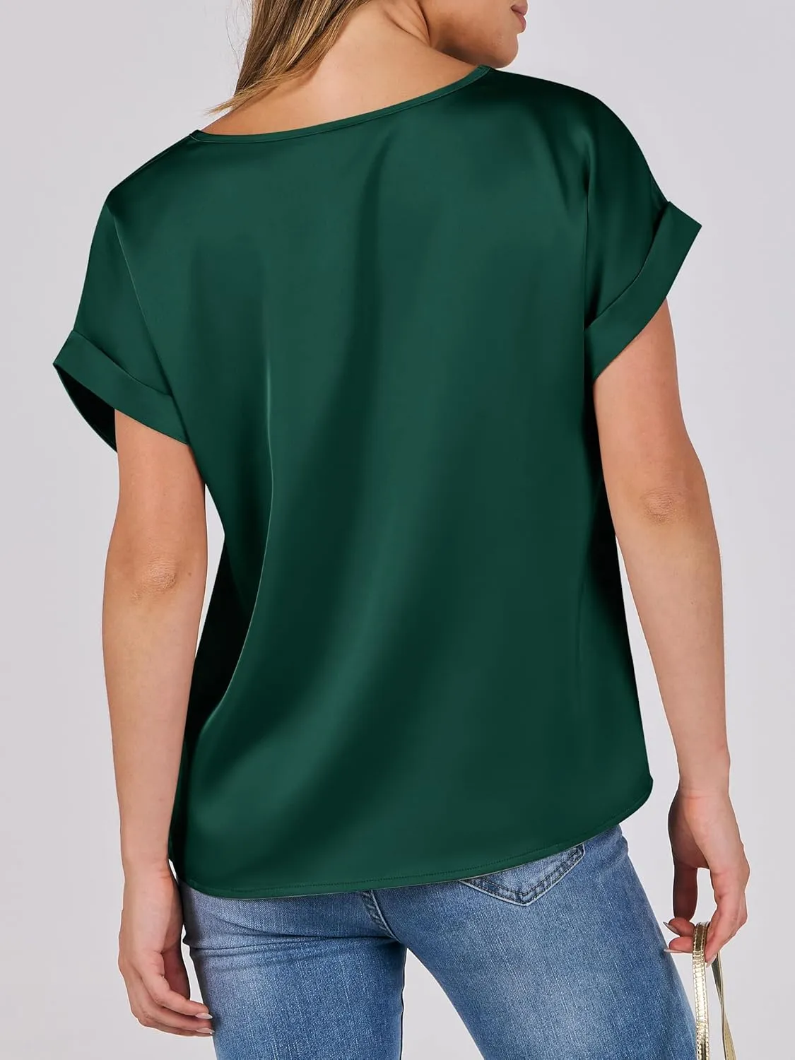 ANRABESS Women's Summer Dressy Casual Short Sleeve Shirts Crewneck Silk Satin Business Office Work Blouse Tops