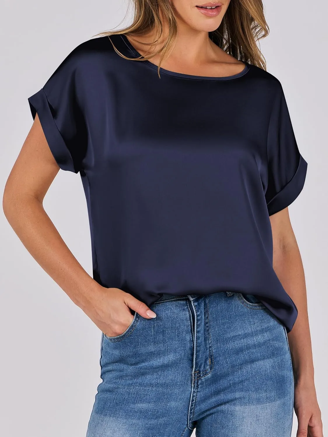 ANRABESS Women's Summer Dressy Casual Short Sleeve Shirts Crewneck Silk Satin Business Office Work Blouse Tops
