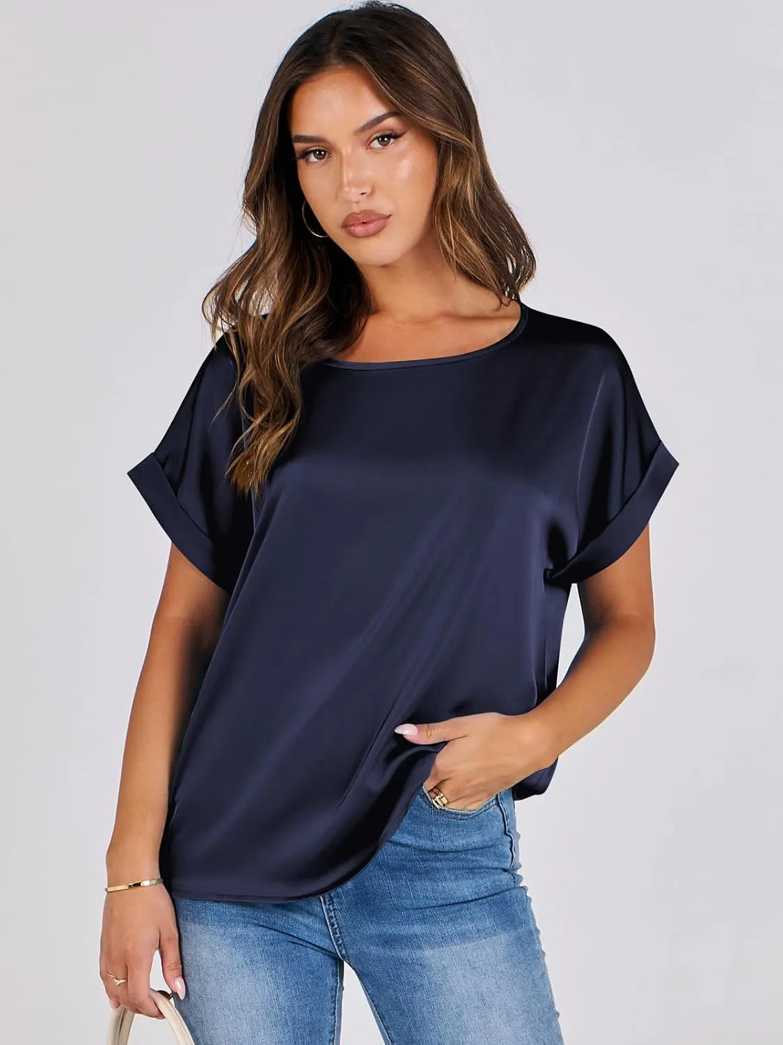 ANRABESS Women's Summer Dressy Casual Short Sleeve Shirts Crewneck Silk Satin Business Office Work Blouse Tops