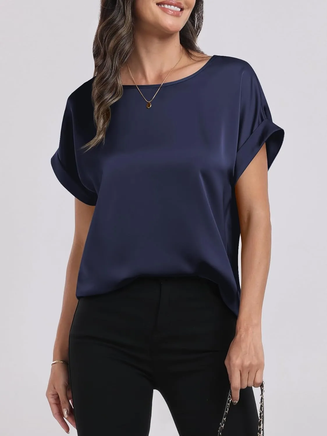 ANRABESS Women's Summer Dressy Casual Short Sleeve Shirts Crewneck Silk Satin Business Office Work Blouse Tops