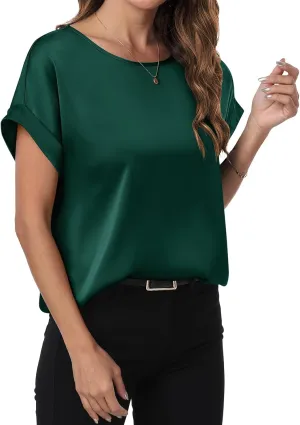 ANRABESS Women's Summer Dressy Casual Short Sleeve Shirts Crewneck Silk Satin Business Office Work Blouse Tops