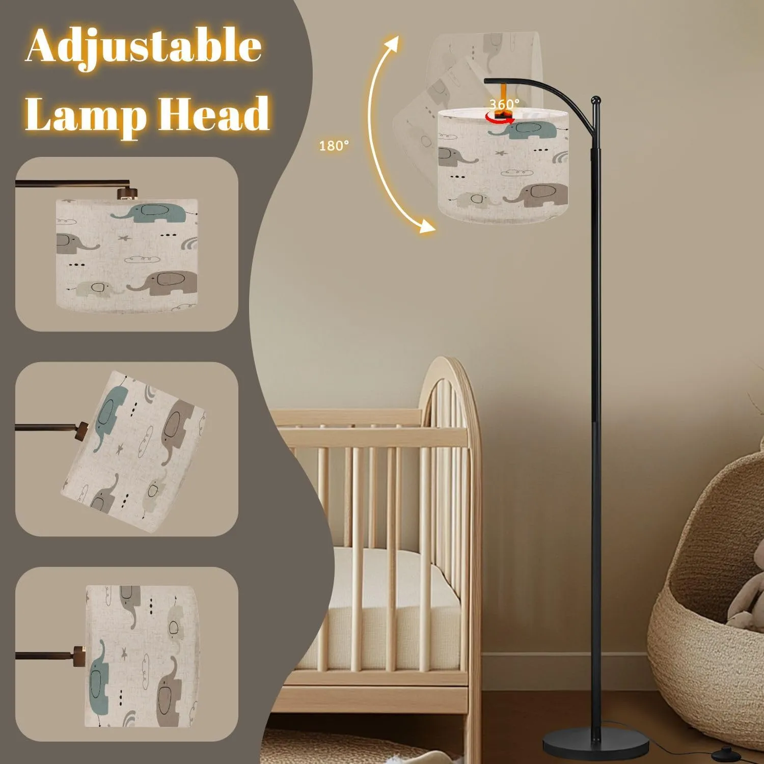 Arc Floor Lamps Cute Seamless Pattern Elephant Mom Baby Elephant Kids Flat Design Use Modern LED Adjustable Lampshade Standing Light for Living Room Reading Bedroom Office