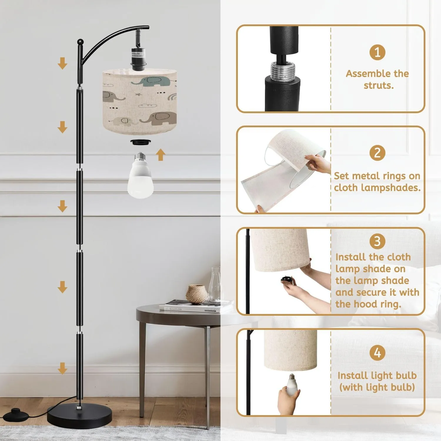 Arc Floor Lamps Cute Seamless Pattern Elephant Mom Baby Elephant Kids Flat Design Use Modern LED Adjustable Lampshade Standing Light for Living Room Reading Bedroom Office