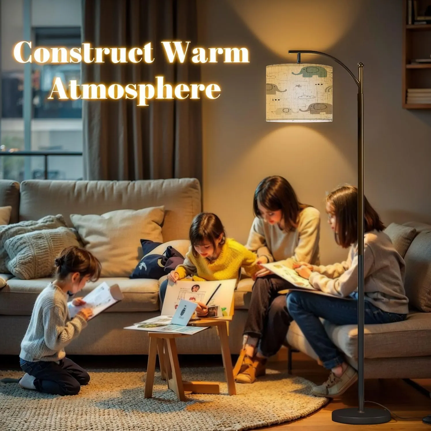 Arc Floor Lamps Cute Seamless Pattern Elephant Mom Baby Elephant Kids Flat Design Use Modern LED Adjustable Lampshade Standing Light for Living Room Reading Bedroom Office