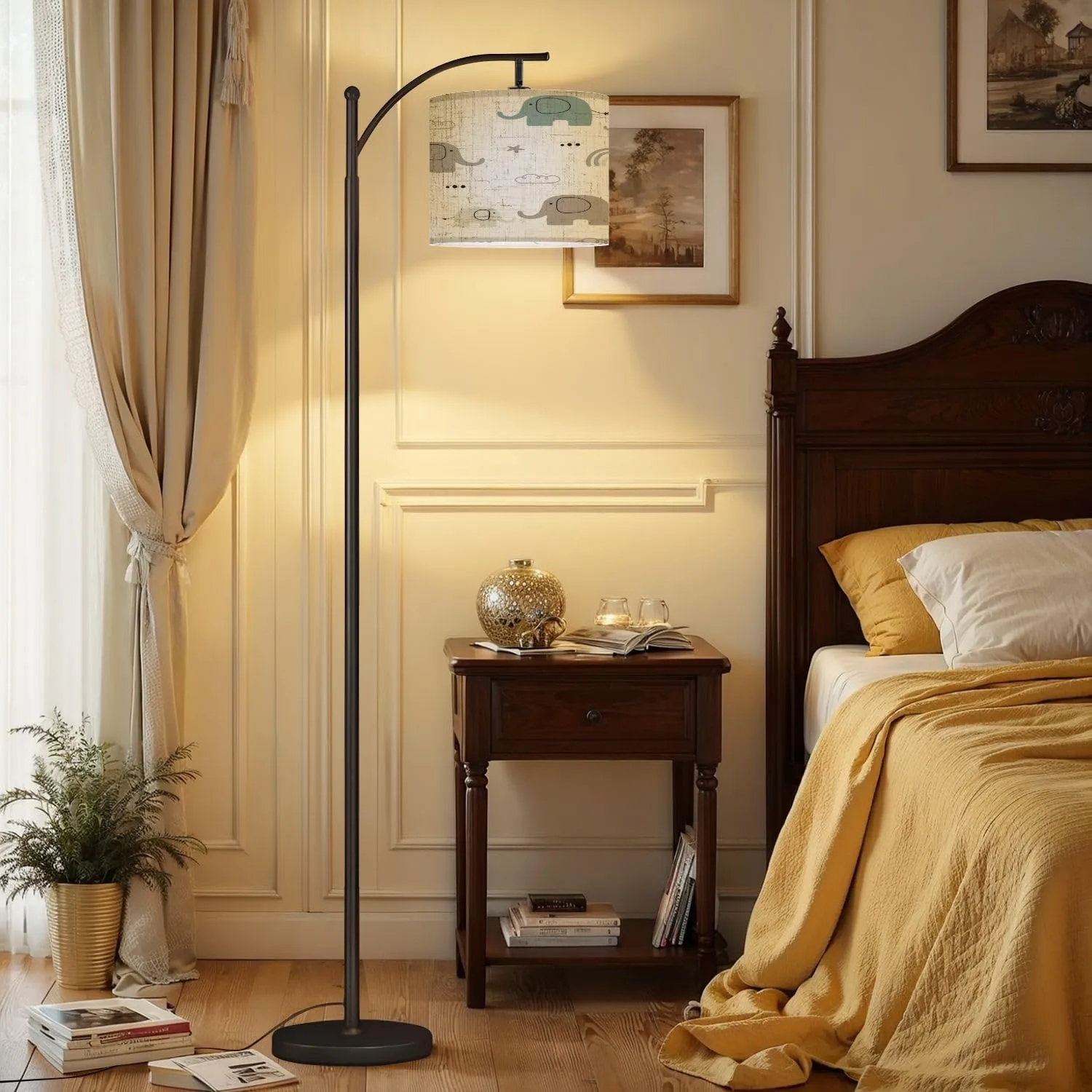 Arc Floor Lamps Cute Seamless Pattern Elephant Mom Baby Elephant Kids Flat Design Use Modern LED Adjustable Lampshade Standing Light for Living Room Reading Bedroom Office