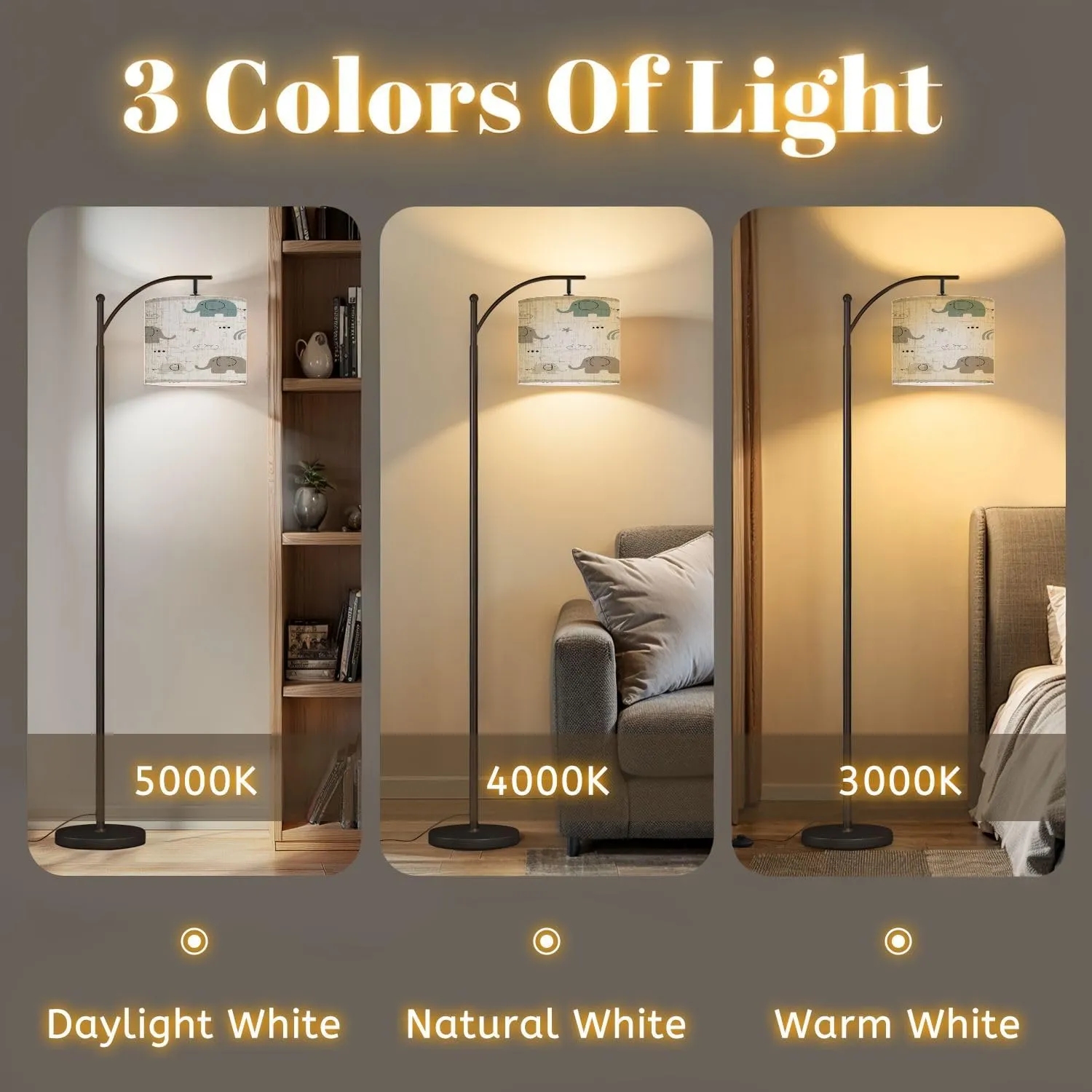 Arc Floor Lamps Cute Seamless Pattern Elephant Mom Baby Elephant Kids Flat Design Use Modern LED Adjustable Lampshade Standing Light for Living Room Reading Bedroom Office