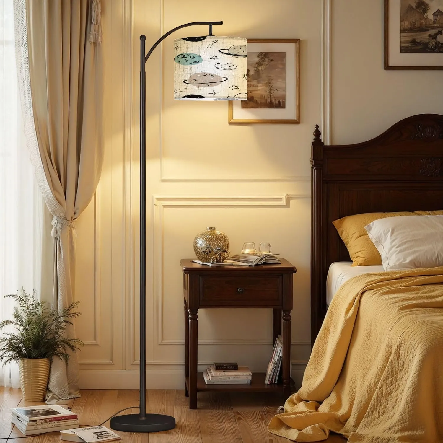 Arc Floor Lamps Hand Drawn Seamless Repeating Color Simple Flat Pattern Different Modern LED Adjustable Lampshade Standing Light for Living Room Reading Bedroom Office