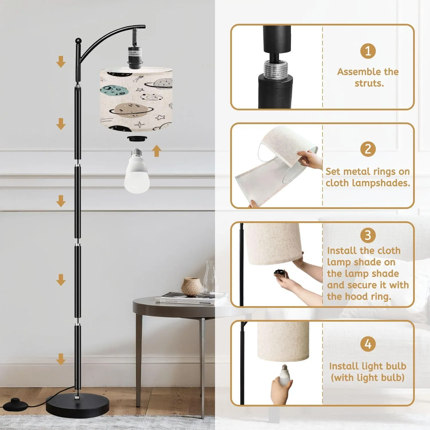 Arc Floor Lamps Hand Drawn Seamless Repeating Color Simple Flat Pattern Different Modern LED Adjustable Lampshade Standing Light for Living Room Reading Bedroom Office