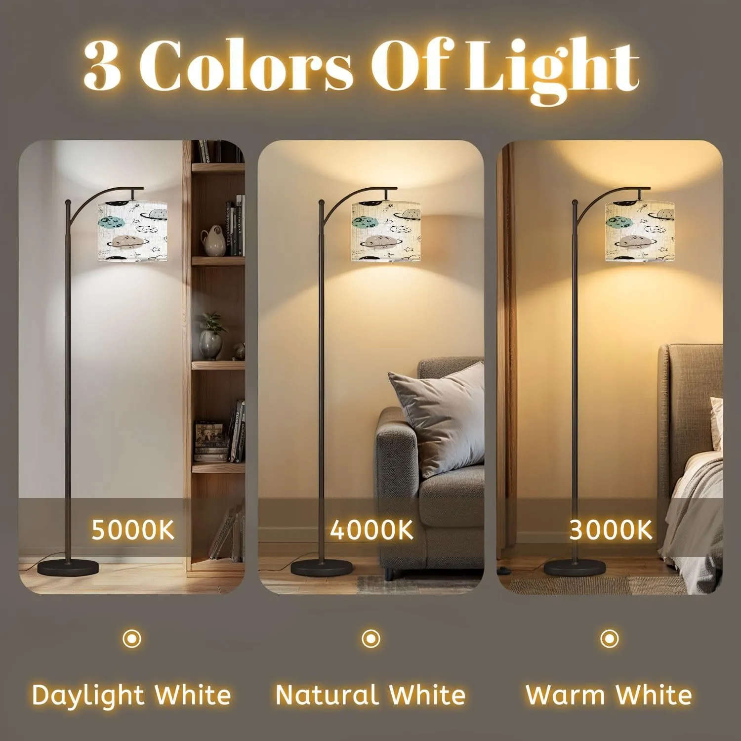 Arc Floor Lamps Hand Drawn Seamless Repeating Color Simple Flat Pattern Different Modern LED Adjustable Lampshade Standing Light for Living Room Reading Bedroom Office