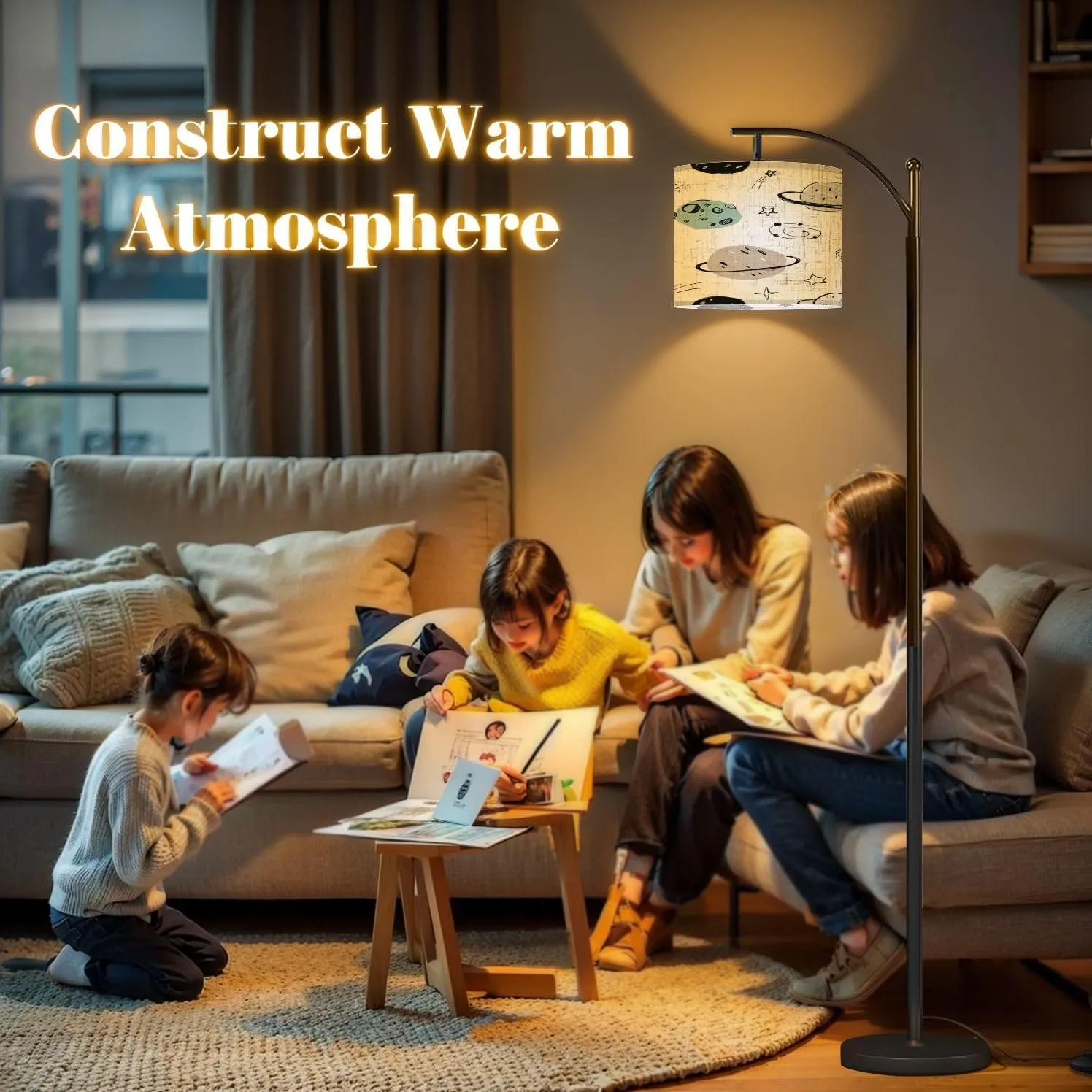 Arc Floor Lamps Hand Drawn Seamless Repeating Color Simple Flat Pattern Different Modern LED Adjustable Lampshade Standing Light for Living Room Reading Bedroom Office