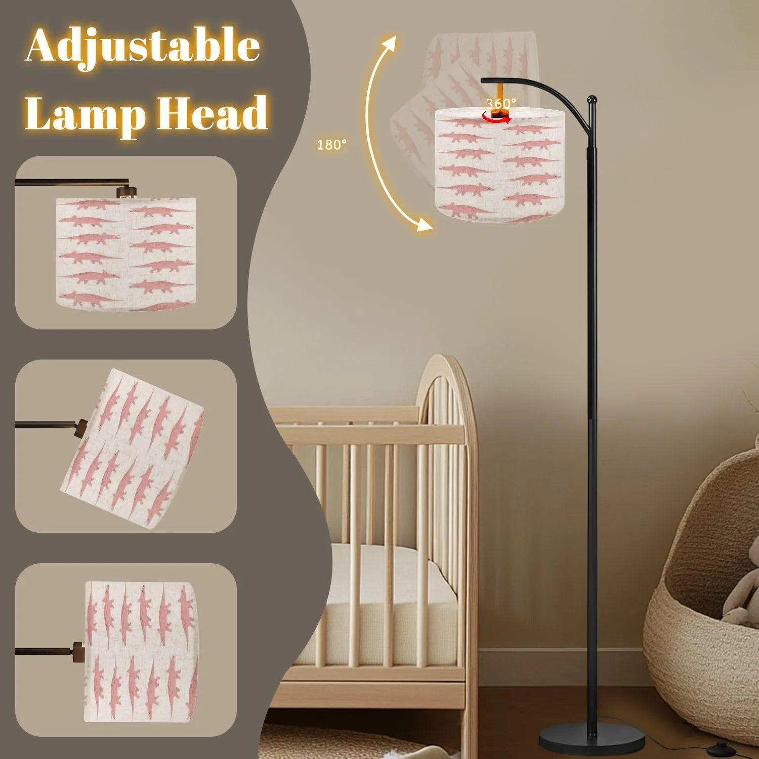 Arc Floor Lamps Seamless Pattern Hand Drawn Flat Pink Triceratops Dinosaur White Modern LED Adjustable Lampshade Standing Light for Living Room Reading Bedroom Office