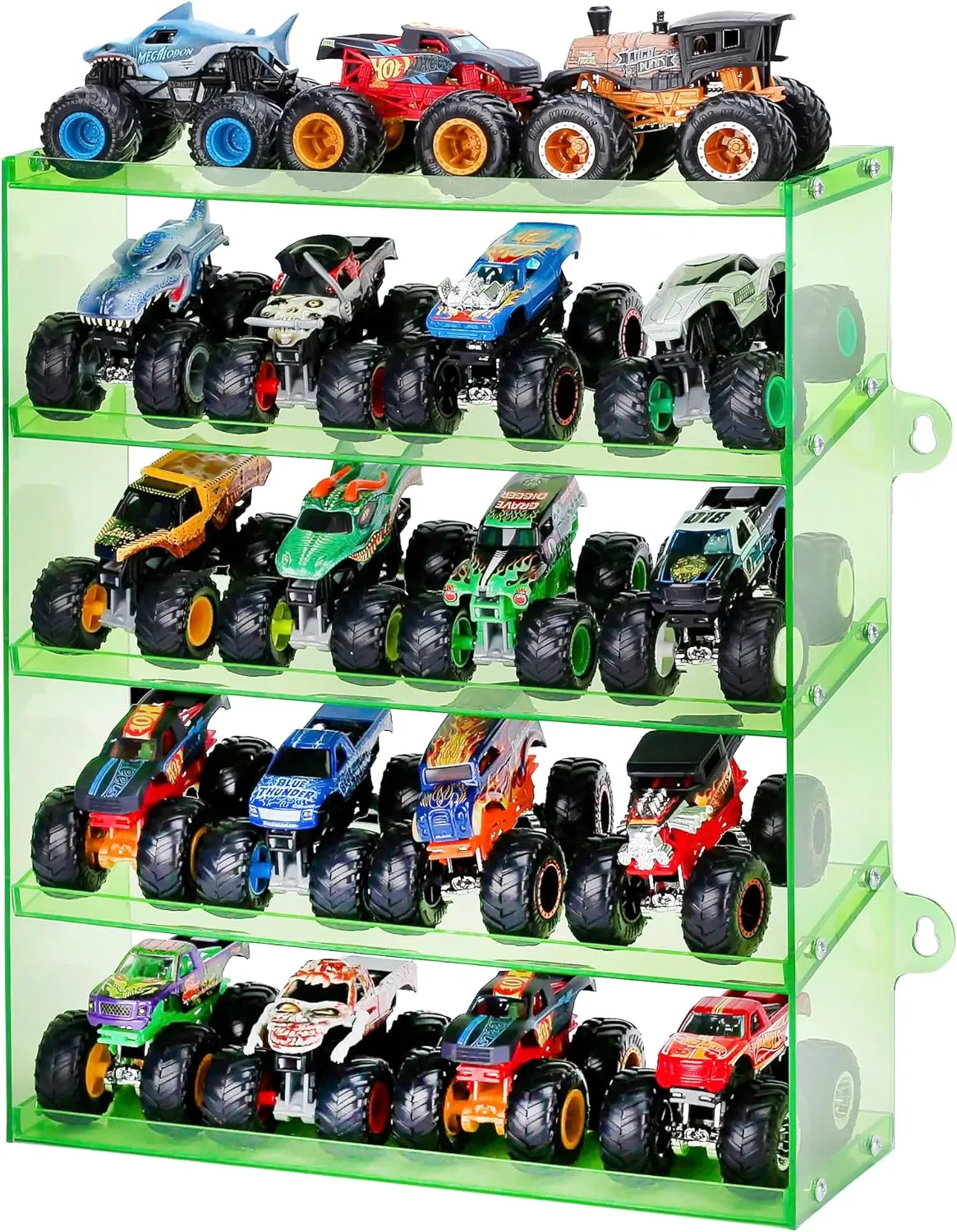 Assembly Monster Trucks Display Case Holding for 20 Monster Trucks Acrylic Storage Case 5 Tiers Monster Trucks Organizer with Tilted Design, Display Case for Toy Trucks (Green)