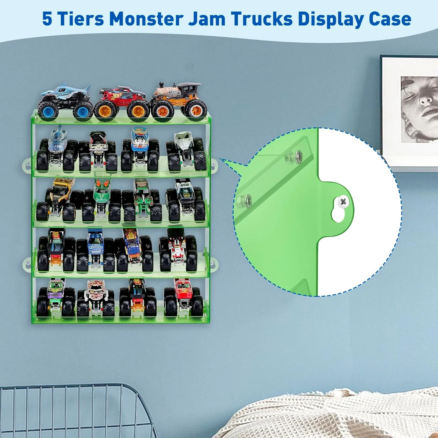 Assembly Monster Trucks Display Case Holding for 20 Monster Trucks Acrylic Storage Case 5 Tiers Monster Trucks Organizer with Tilted Design, Display Case for Toy Trucks (Green)