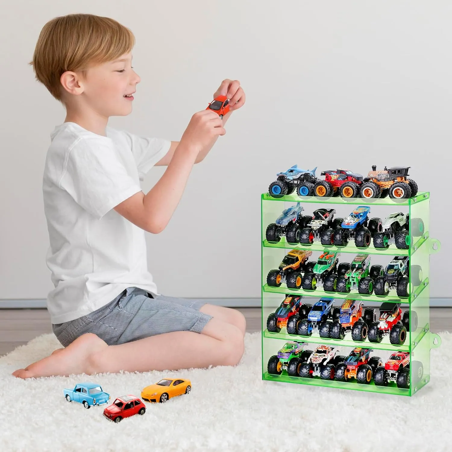 Assembly Monster Trucks Display Case Holding for 20 Monster Trucks Acrylic Storage Case 5 Tiers Monster Trucks Organizer with Tilted Design, Display Case for Toy Trucks (Green)