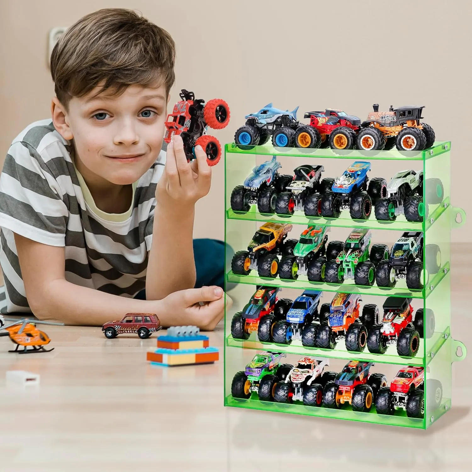 Assembly Monster Trucks Display Case Holding for 20 Monster Trucks Acrylic Storage Case 5 Tiers Monster Trucks Organizer with Tilted Design, Display Case for Toy Trucks (Green)
