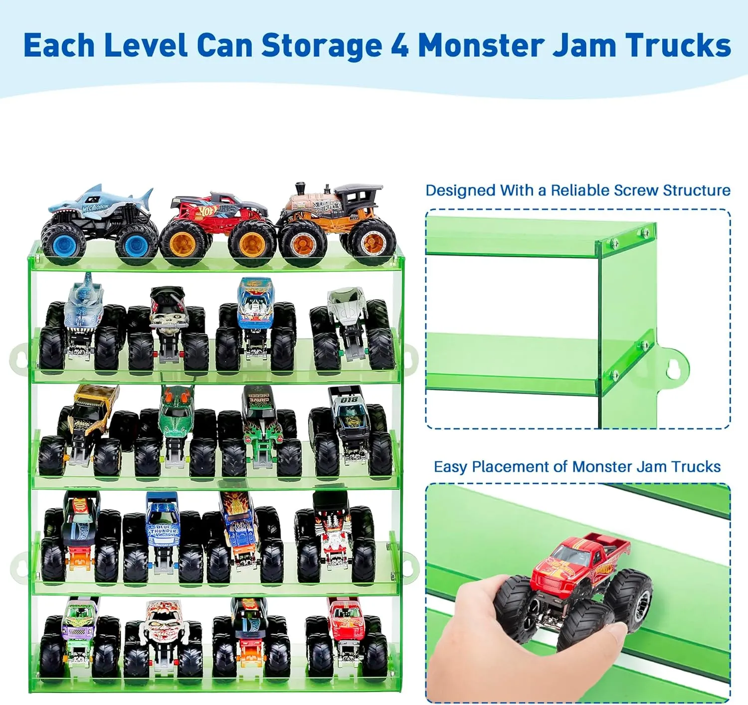 Assembly Monster Trucks Display Case Holding for 20 Monster Trucks Acrylic Storage Case 5 Tiers Monster Trucks Organizer with Tilted Design, Display Case for Toy Trucks (Green)
