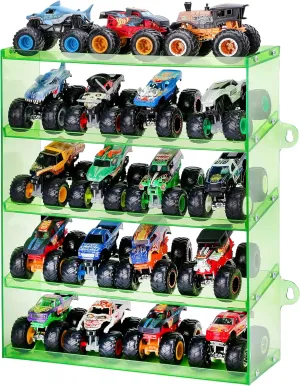 Assembly Monster Trucks Display Case Holding for 20 Monster Trucks Acrylic Storage Case 5 Tiers Monster Trucks Organizer with Tilted Design, Display Case for Toy Trucks (Green)