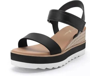 Athlefit Black Wedge Sandals for Women Platform Sandals Espadrille Comfortable Summer Walking Open Toe Dressy Wide Width Sandals Size 6
