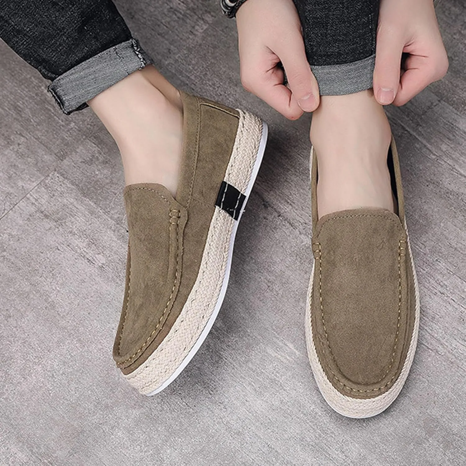 AUNTHUI Men's Slip-On Espadrille Loafers,Fashion Breathable Handmade Straw Moccasins,Non-Slip Comfortable Casual Walking Driving Flat Sneakers