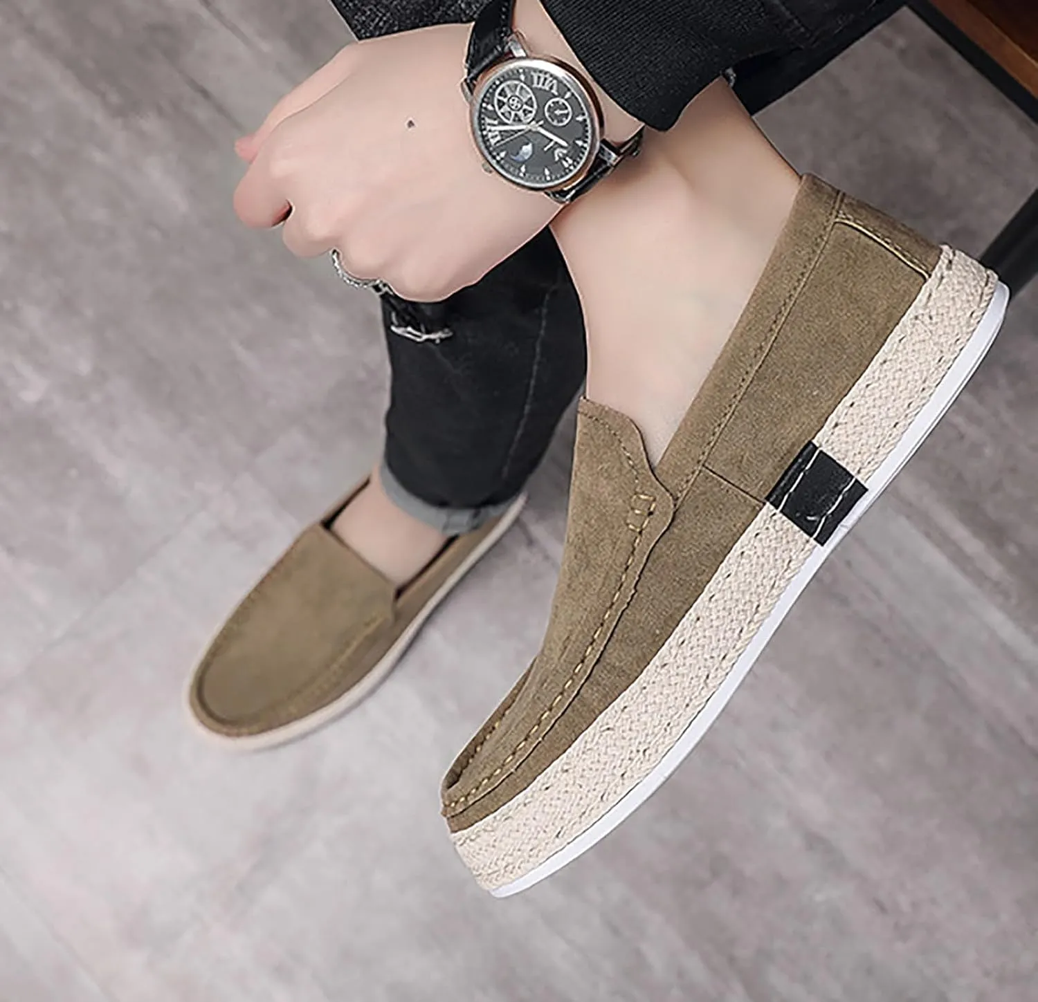 AUNTHUI Men's Slip-On Espadrille Loafers,Fashion Breathable Handmade Straw Moccasins,Non-Slip Comfortable Casual Walking Driving Flat Sneakers