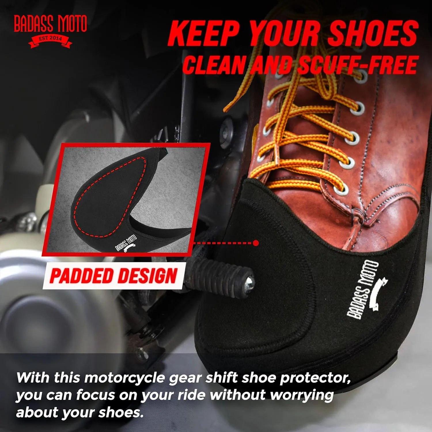 Badass Moto Motorcycle Shifter Shoe Protector, Motorbike Shoe Cover, Motor cycle Gear Shift Shoes guard, Anti Scuff Boot Protector - Men & Women Moped Sneaker Protection Fits Up To Size 12