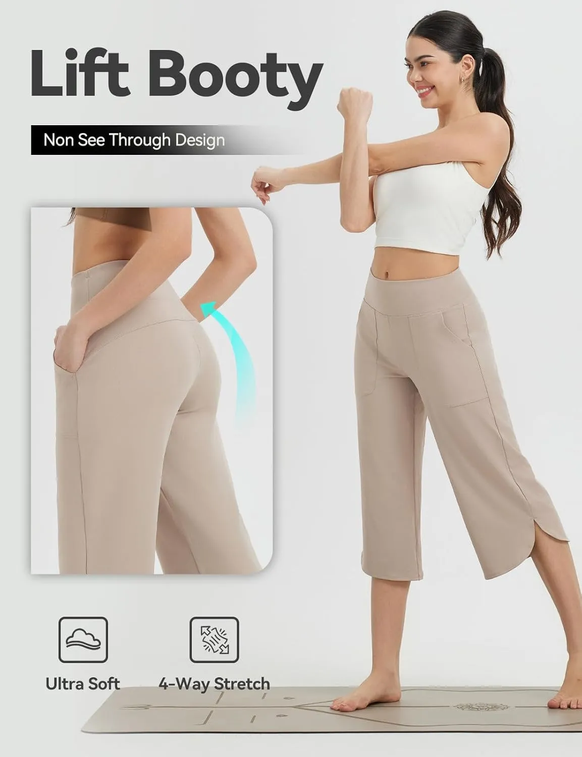 baleaf Capris Pants for Women Yoga Capri Leggings with Pockets Loose High Waist Crop Workout Pants Wide Leg Casual Summer