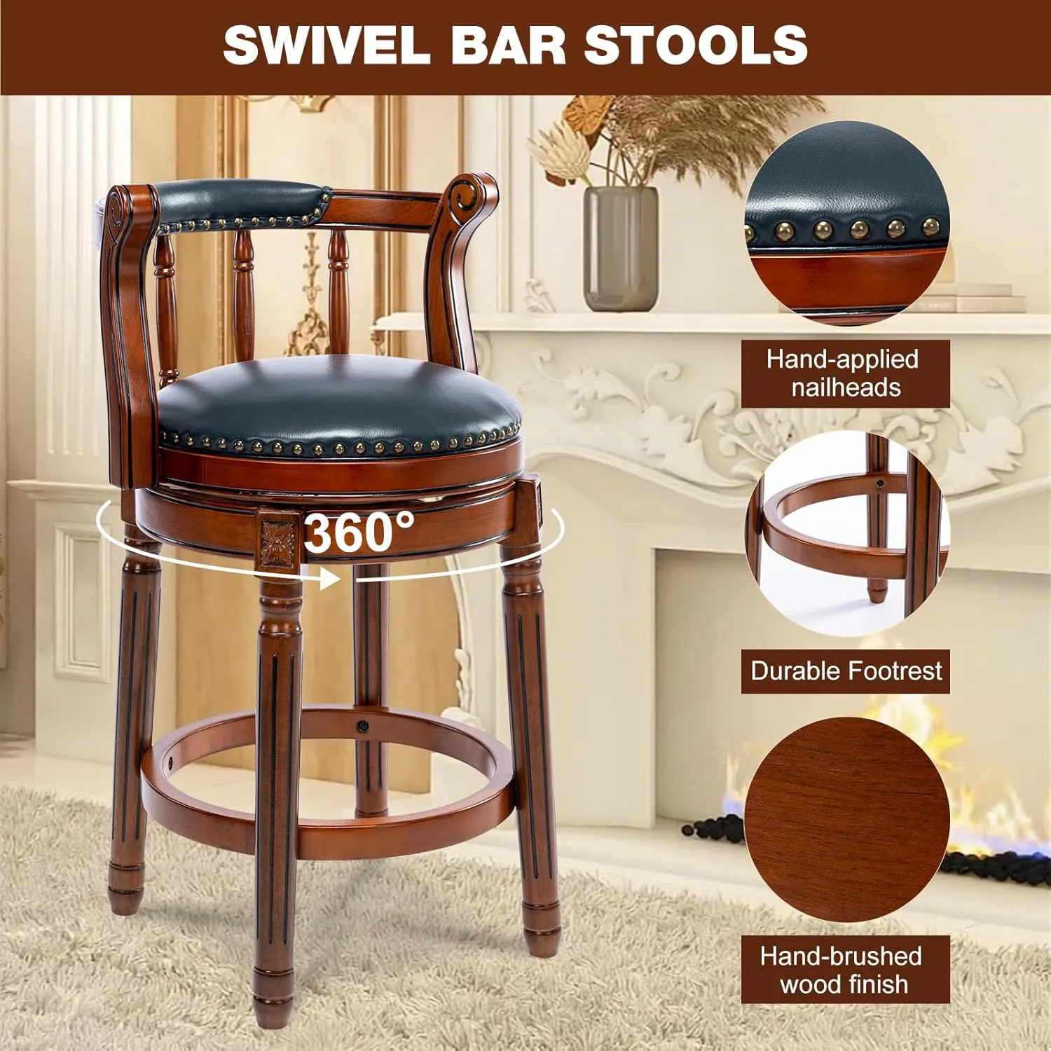 Bar Stools Modern Swivel Barstools,Kitchen Counter Genuine Leather Upholstered Island Barstool with Footrest for Home Kitchen Dining Room (Navy, Seat Height 26 in)