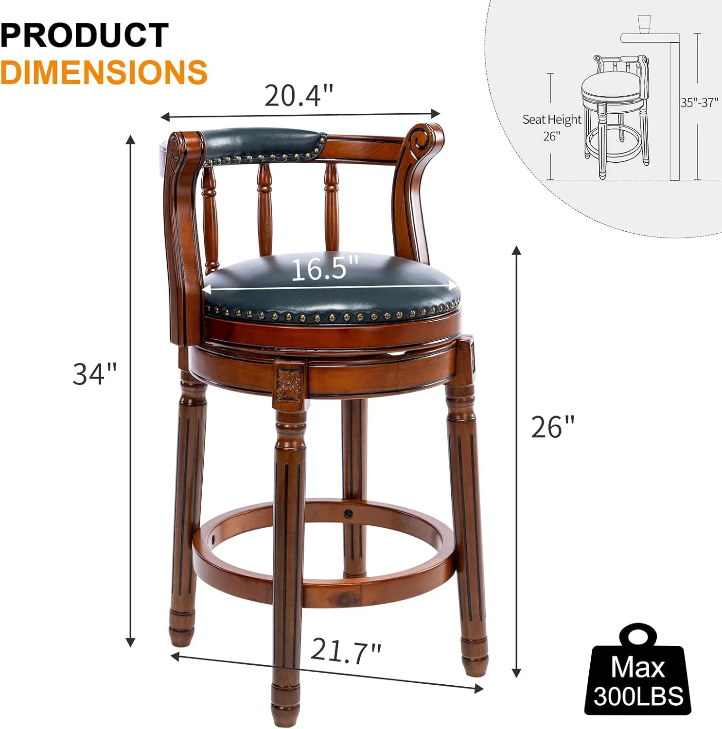 Bar Stools Modern Swivel Barstools,Kitchen Counter Genuine Leather Upholstered Island Barstool with Footrest for Home Kitchen Dining Room (Navy, Seat Height 26 in)