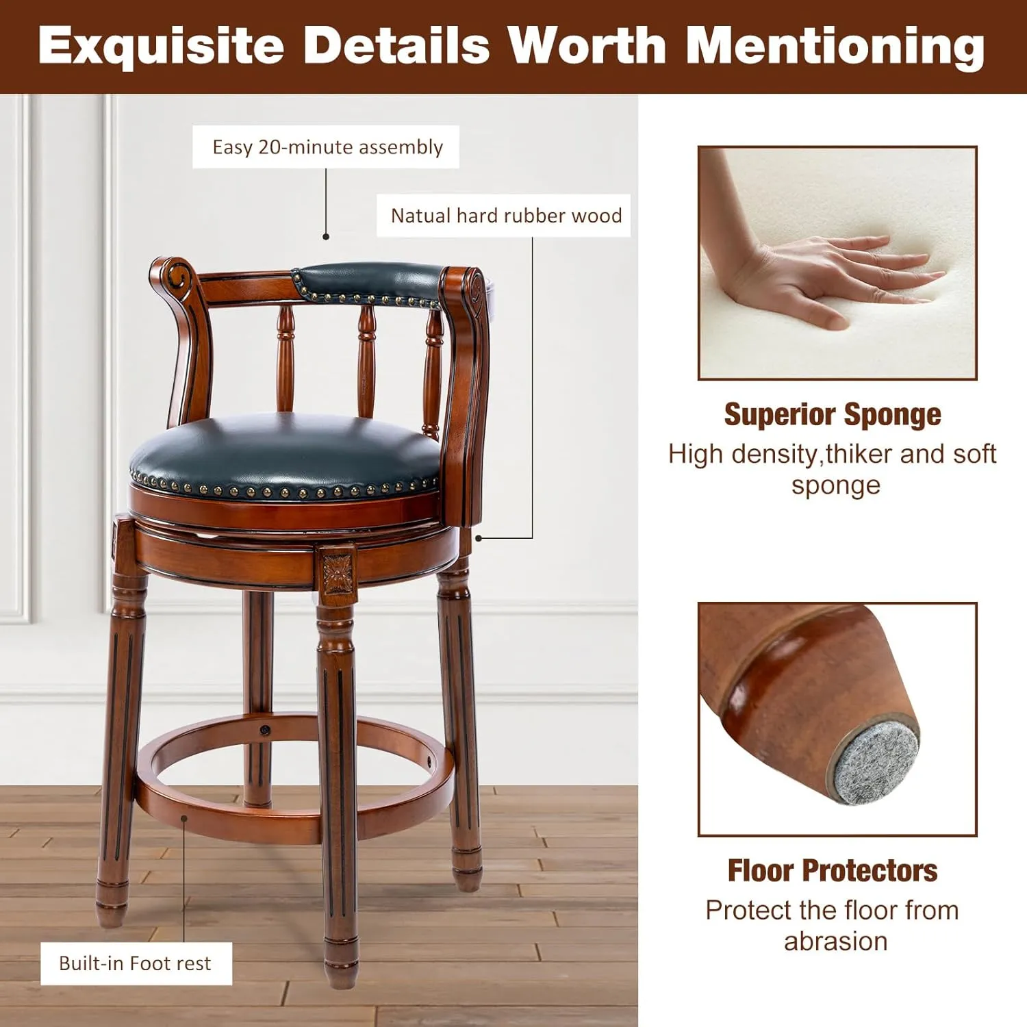 Bar Stools Modern Swivel Barstools,Kitchen Counter Genuine Leather Upholstered Island Barstool with Footrest for Home Kitchen Dining Room (Navy, Seat Height 26 in)