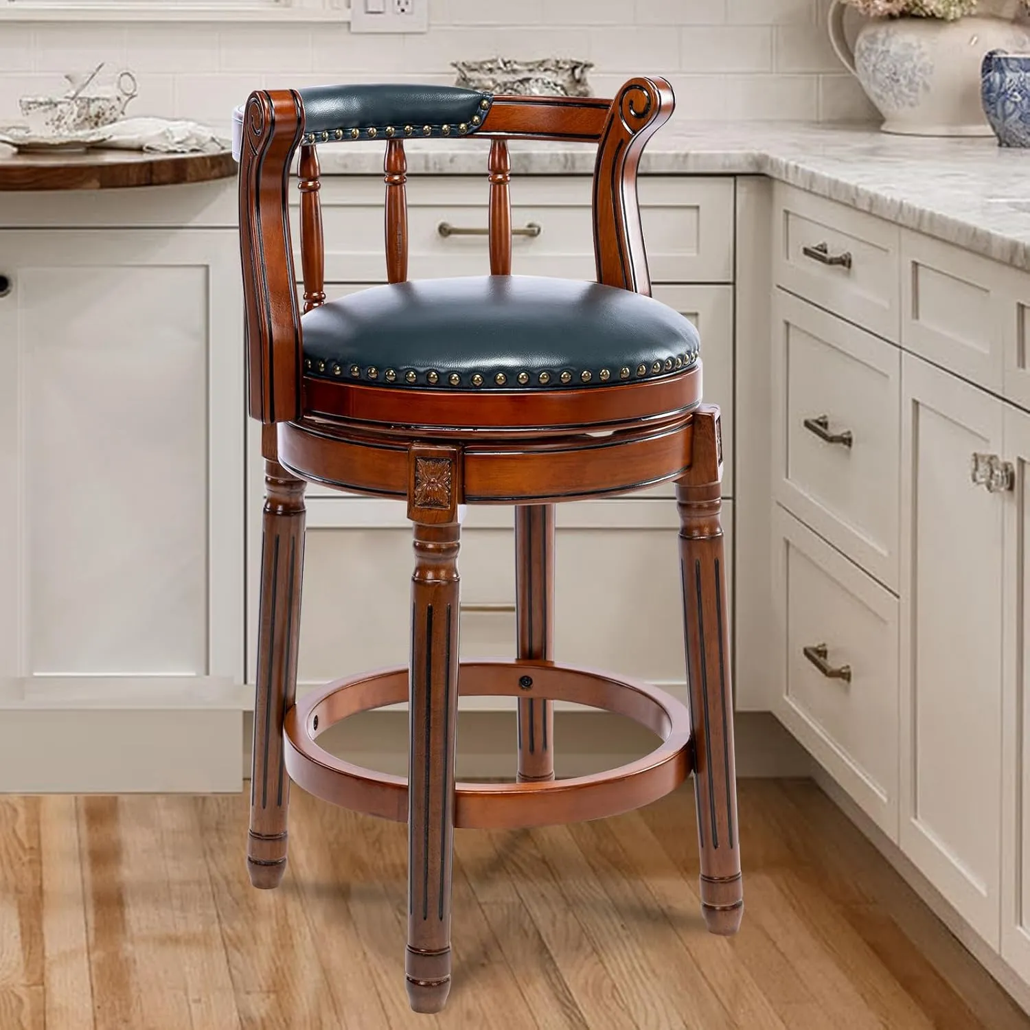 Bar Stools Modern Swivel Barstools,Kitchen Counter Genuine Leather Upholstered Island Barstool with Footrest for Home Kitchen Dining Room (Navy, Seat Height 26 in)