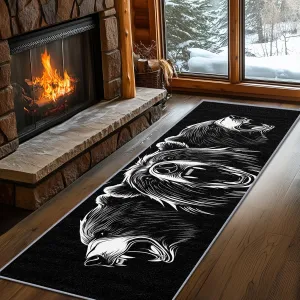 Bear Rugs for Cabin, Bear Runner Rug, 2x8ft, Grizzly Bear Man Cave Black and White Runner Rugs, Cabin Animal Easy Clean Washable Runners Carpet - Bear Home Decor