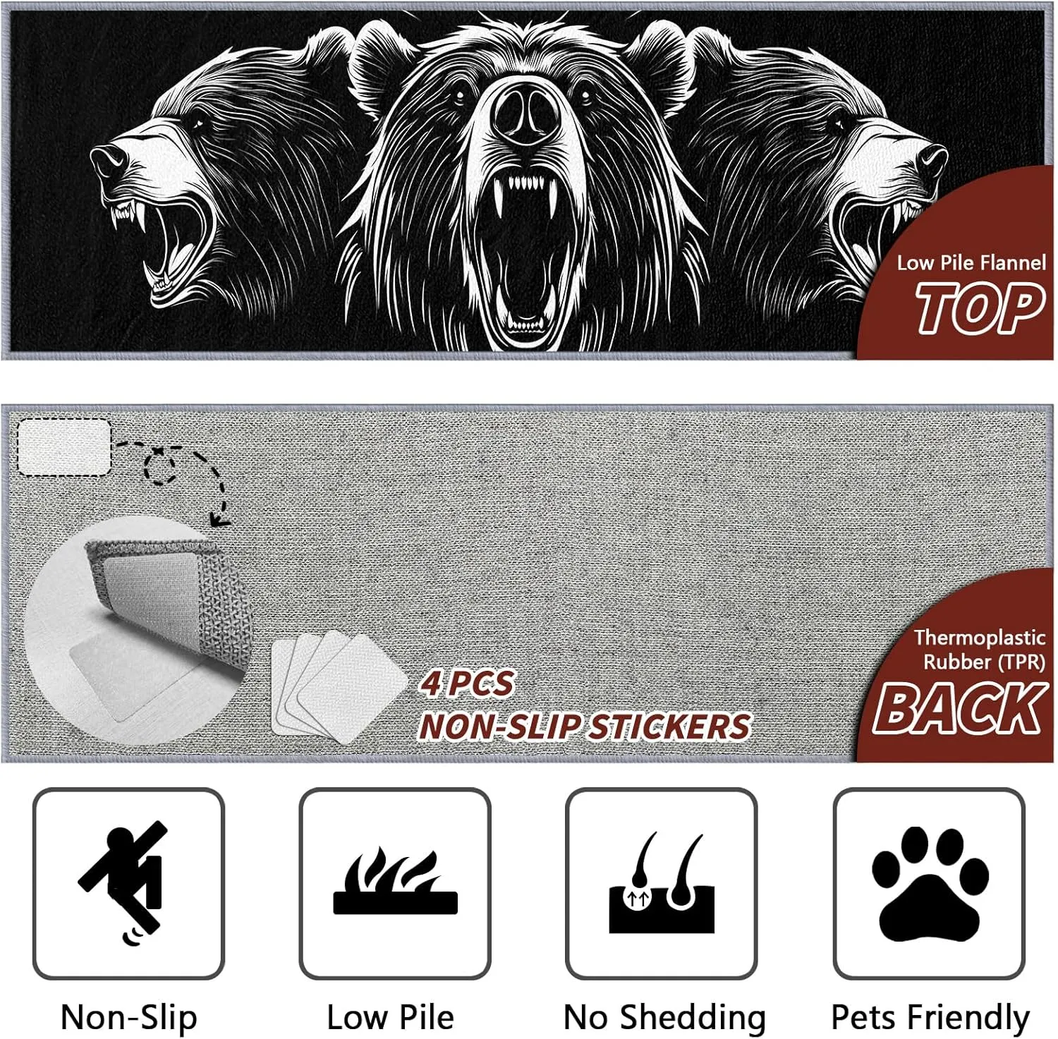 Bear Rugs for Cabin, Bear Runner Rug, 2x8ft, Grizzly Bear Man Cave Black and White Runner Rugs, Cabin Animal Easy Clean Washable Runners Carpet - Bear Home Decor